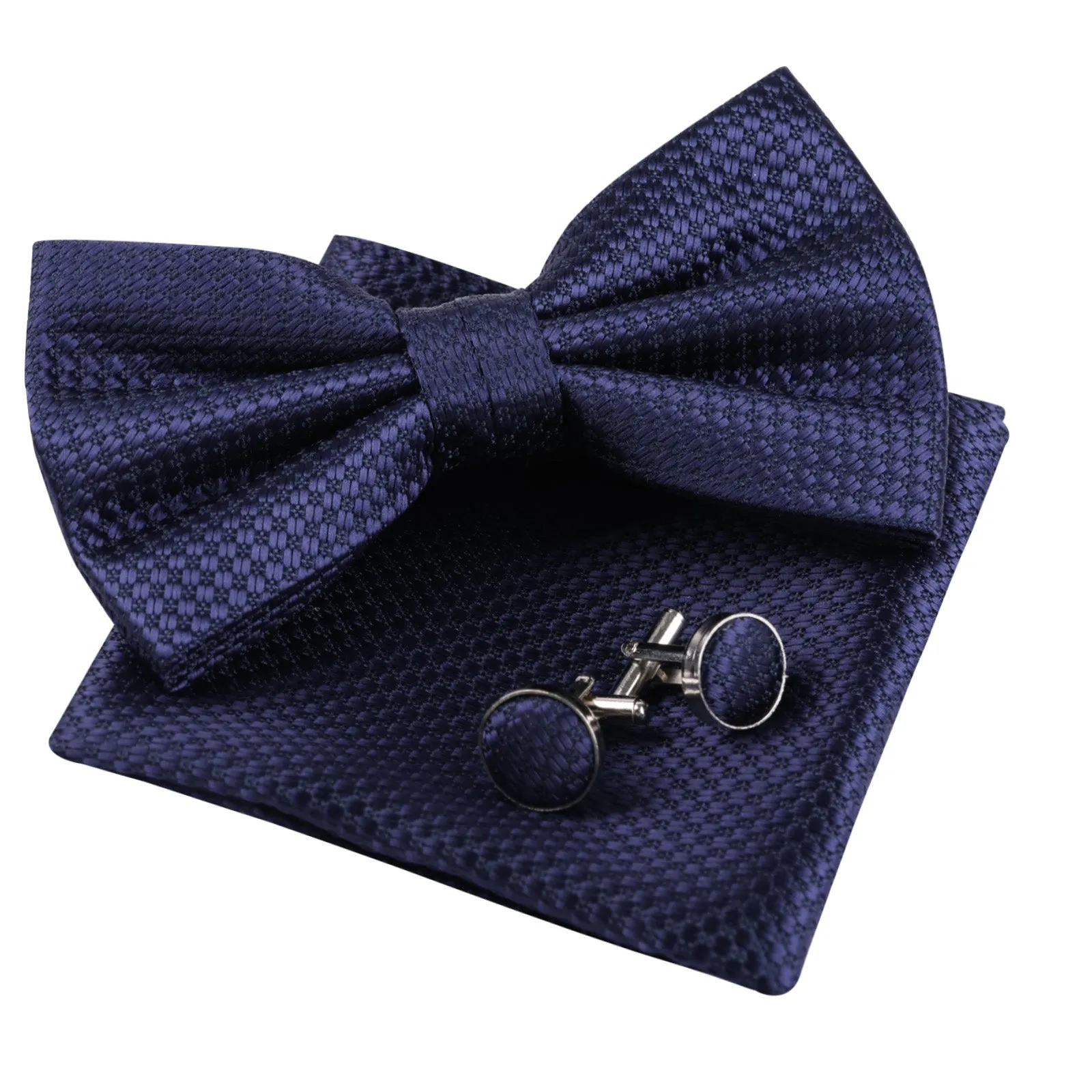 Men's Solid Mini Plaid Bow Tie, Pocket Square With Cufflinks Pre-tied Tie Set-053