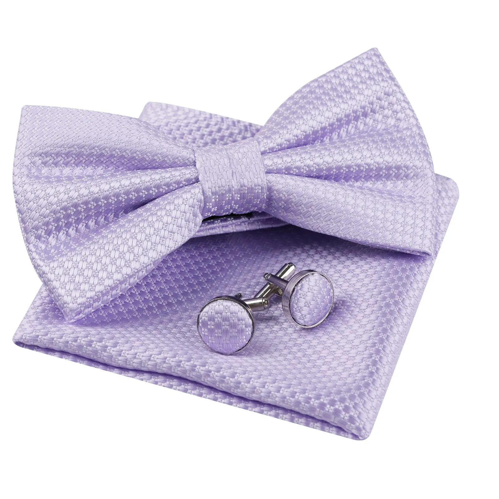 Men's Solid Mini Plaid Bow Tie, Pocket Square With Cufflinks Pre-tied Tie Set-053