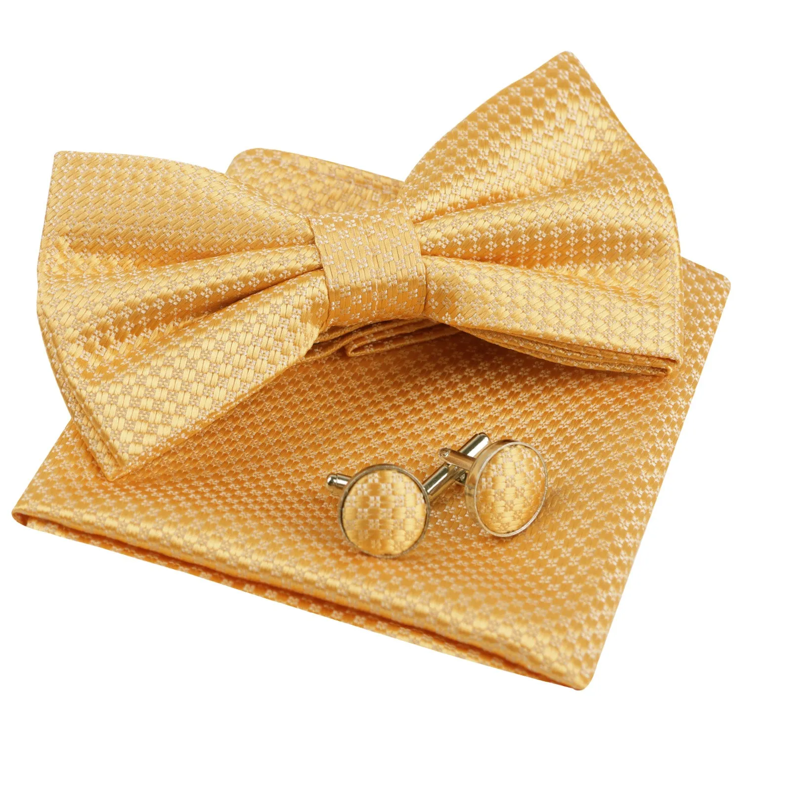 Men's Solid Mini Plaid Bow Tie, Pocket Square With Cufflinks Pre-tied Tie Set-053