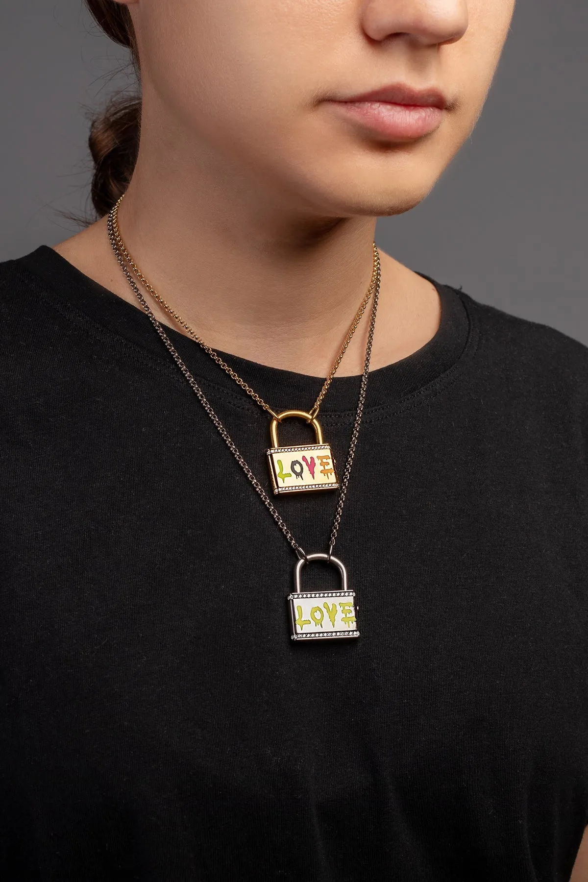 Multicolor Neon LOVE Lock Necklace - Yellow Silver