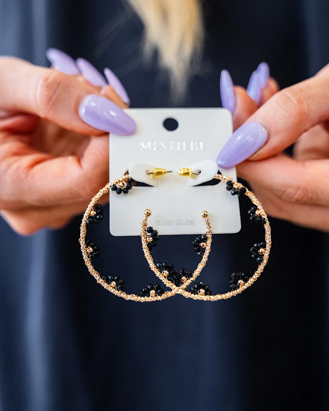 NEW! Gold and Black Beaded Open Hoop Earrings