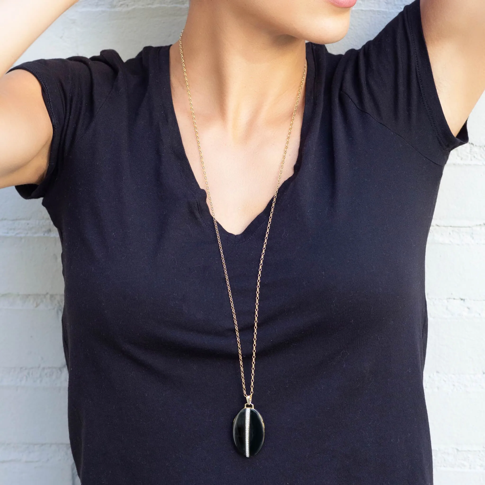 Oval Black Ceramic & Gold Locket Necklace