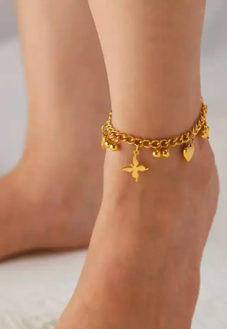 Regina Love Heart & Butterfly Engravable Pendant  Gold Chain Anklet