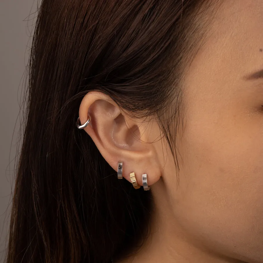 Ribbed Bar Silver 8mm Baby Huggie Earrings