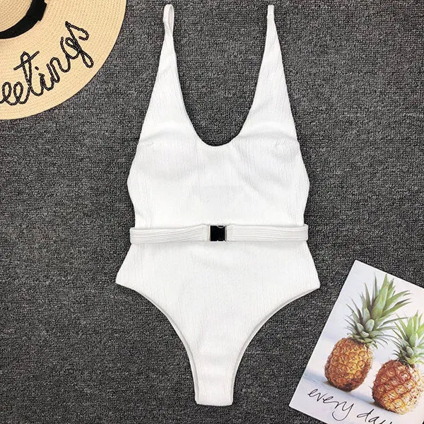 Ribbed Fabric Belt Detail Open Back Side Cut One Piece Carla