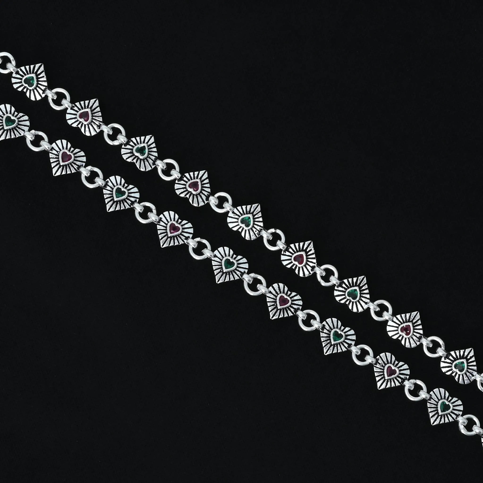 Silver Center Green and Red Stones Heart Design Payal