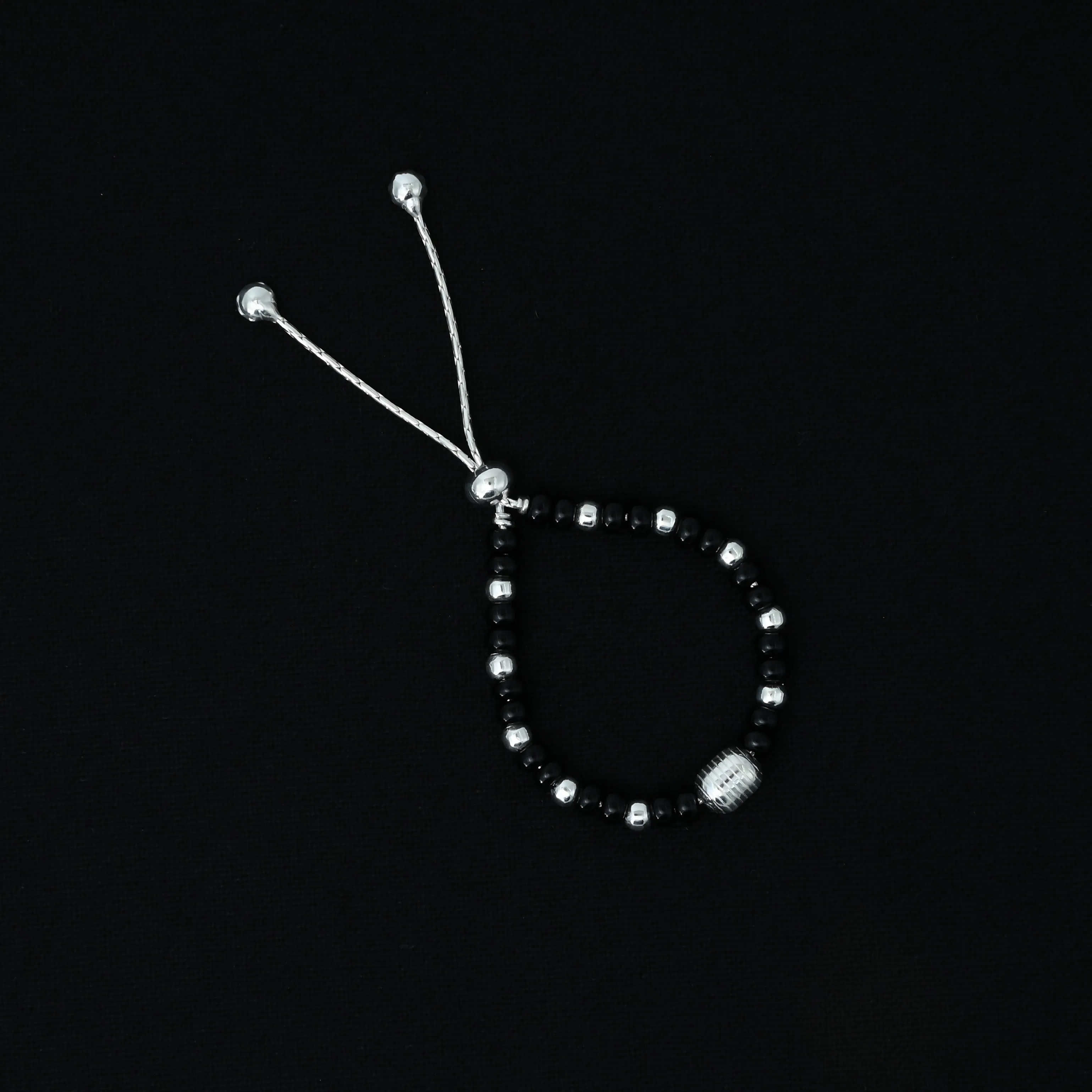 Silver Center Silver Bead with Black Beads Anklet for Girls