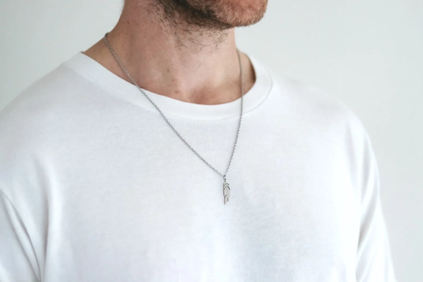 Silver feather necklace for men, stainless steel chain necklace, waterproof