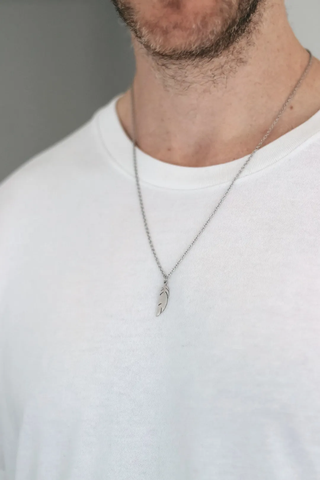 Silver feather necklace for men, stainless steel chain necklace, waterproof