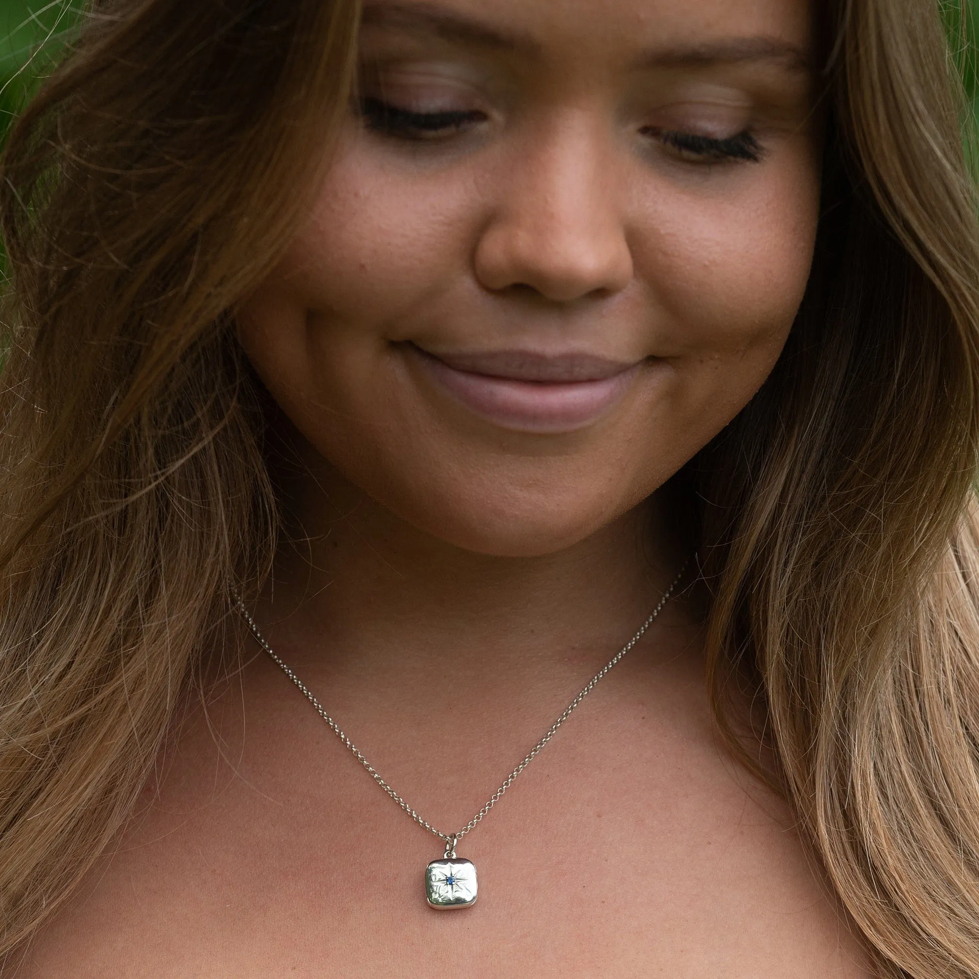 Silver Star Locket Necklace with Blue Stone