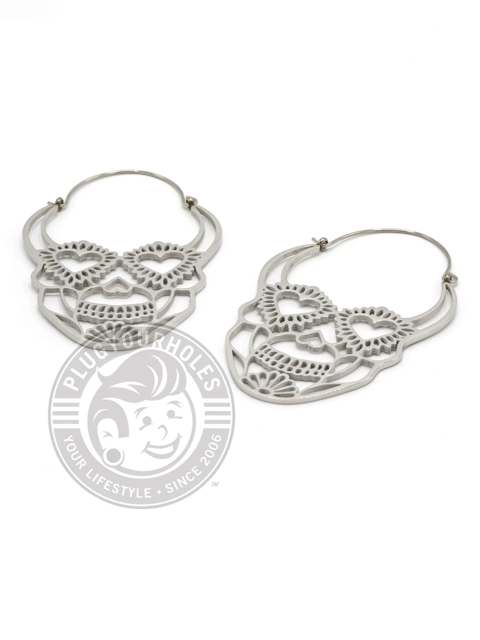 Sugar Skull Dangle Hoop Steel Earrings