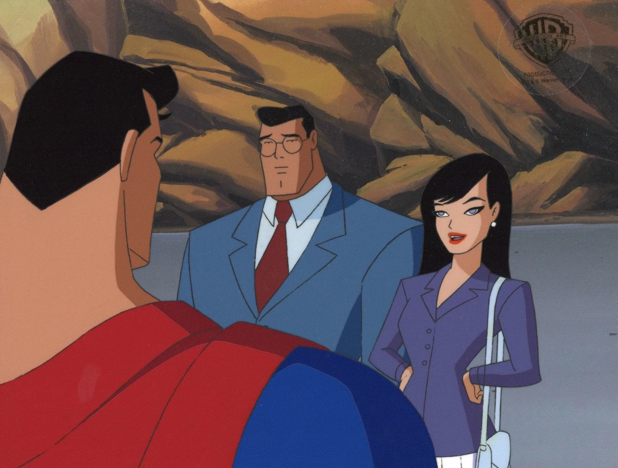 Superman the Animated Series Original Production Cel on Original Background: Bizarro, Lois Lane, Clark Kent