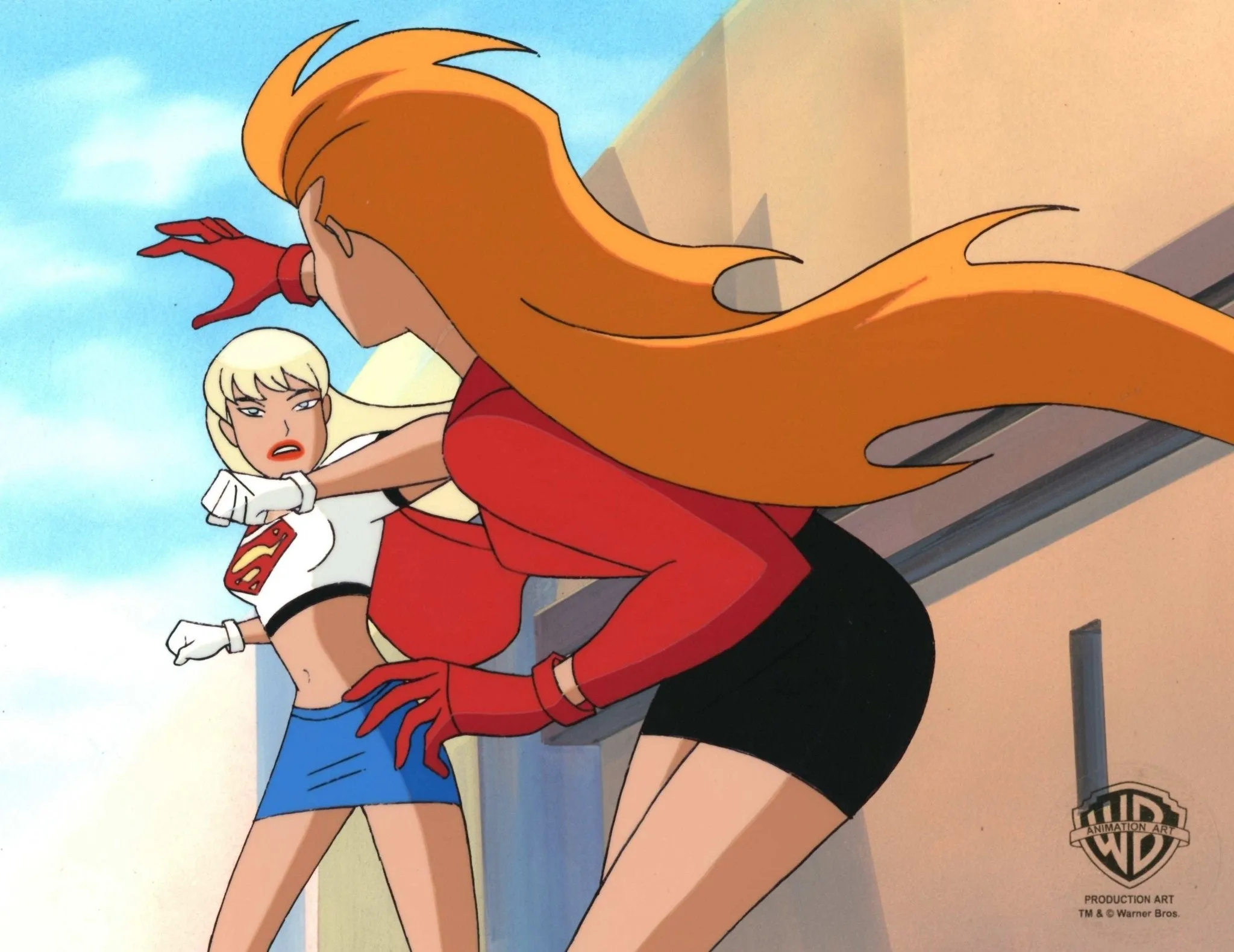 Superman the Animated Series Original Production Cel on Original Background: Supergirl and Volcana
