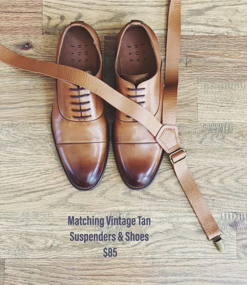 Vintage Tan Suspender with Mustard Cotton Bow Tie Set