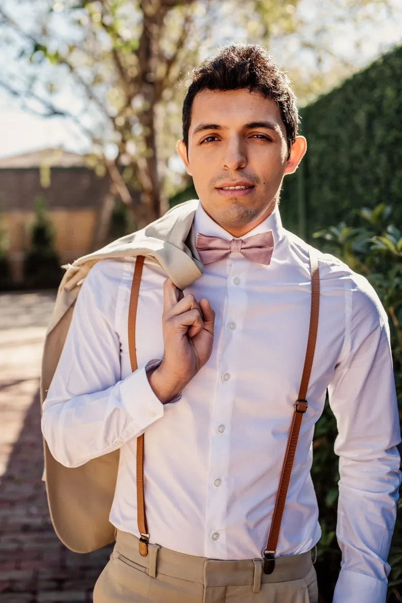Vintage Tan Suspender with Mustard Cotton Bow Tie Set